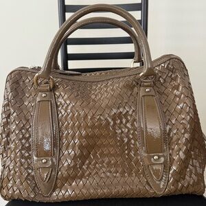 Elegant Patent Leather Brown Woven Handbag